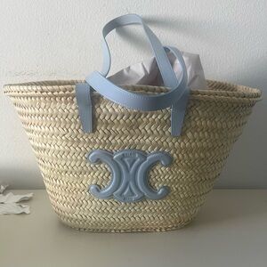 Celine Triomphe Panier tote soft blue medium palm leaves & calf skin BNWT